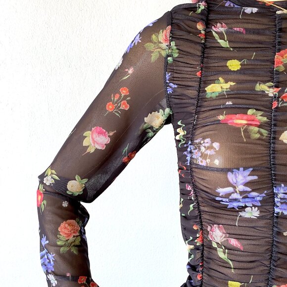 Mesh Long Sleeve Floral Blouse Sheer Ruched Top Grunge Sexy Lightweight Stretch - Picture 5 of 7